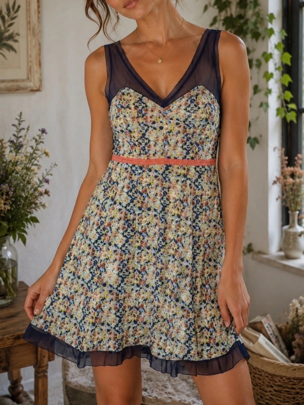 Urban outfitters Staring at Stars Floral Mesh Dress Boho Cottagecore Size 4
